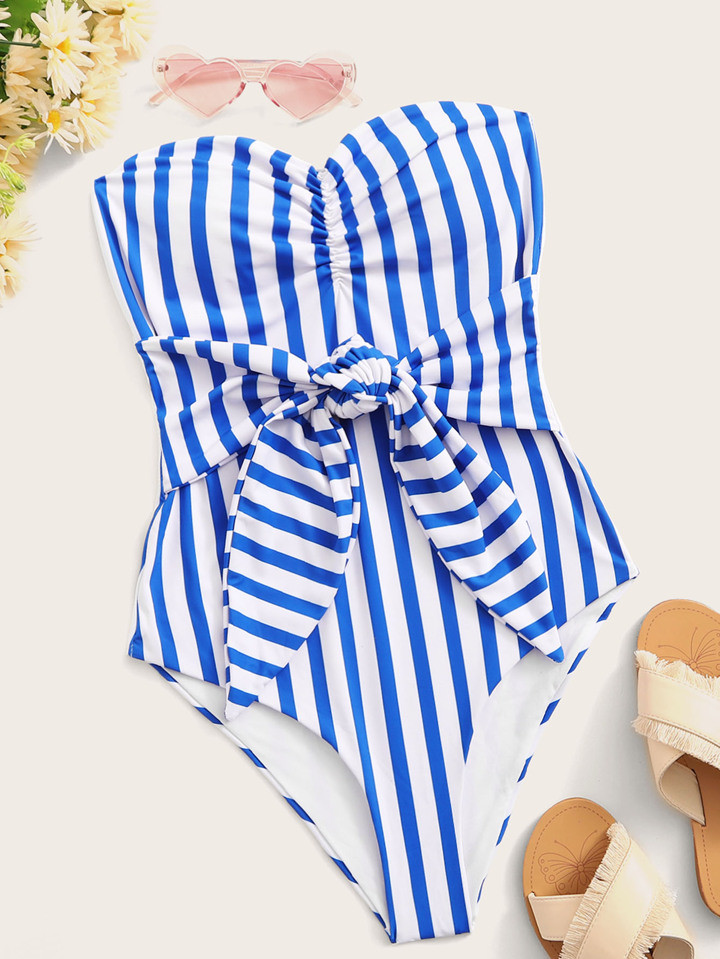 SHEIN Swim Summer Beach Striped Knot Front One Piece Swimsuit | SHEIN
