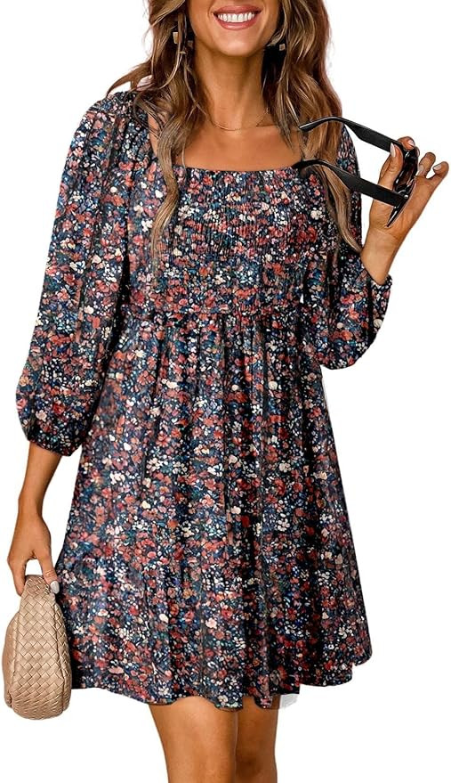 Dokotoo Womens Summer Fall Dresses 2024 Boho Floral Square Neck Smocked 3/4 Sleeve Casual A-Line ... | Amazon (US)