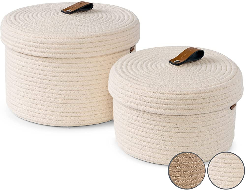 DENJA & CO Round Baskets with Lids - Set of 2 Decorative Baskets with Lids for Organizing - Natur... | Amazon (US)
