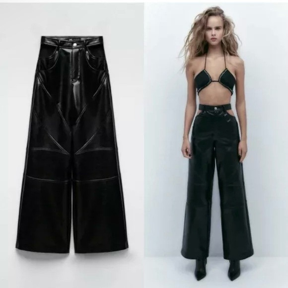 Zara Faux Leather  Cut Out Wide Pants Black Size L Bloggers Fav NWT | Poshmark
