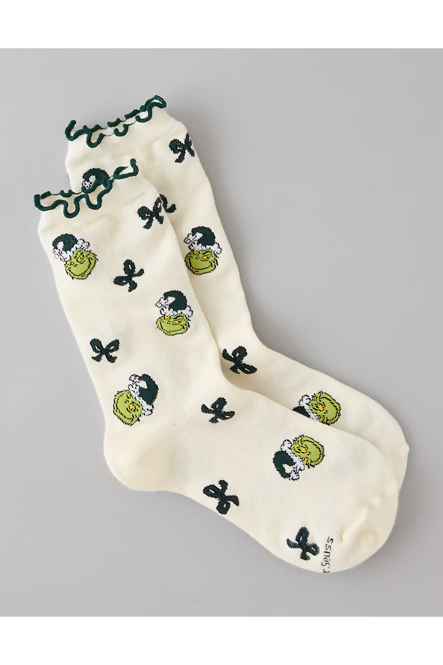 AE Grinch Ruffle Crew Socks Women's Cream One Size | American Eagle Outfitters (US & CA)