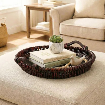 Handwoven Willow Round Ottoman Tray with Wooden Base and Handles, 20 | Wayfair North America