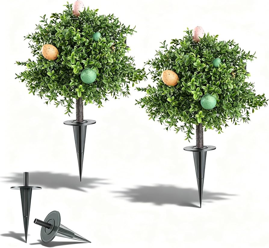 24" Easter Decorations Outdoor Tree, Set of 2 Artificial Boxwood Topiary with Easter Eggs, Stable... | Amazon (US)