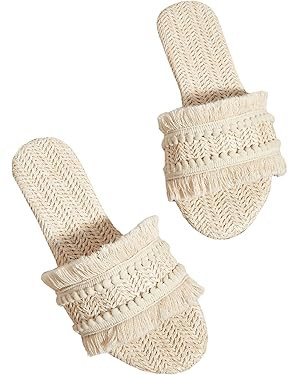 OYOANGLE Women's Fringe Straw Sandals Crochet Open Toe Single Band Flat Slip On Sandals | Amazon (US)