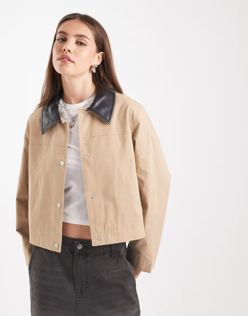 ONLY contrast collar cropped barn jacket in light beige-Neutral | ASOS (Global)