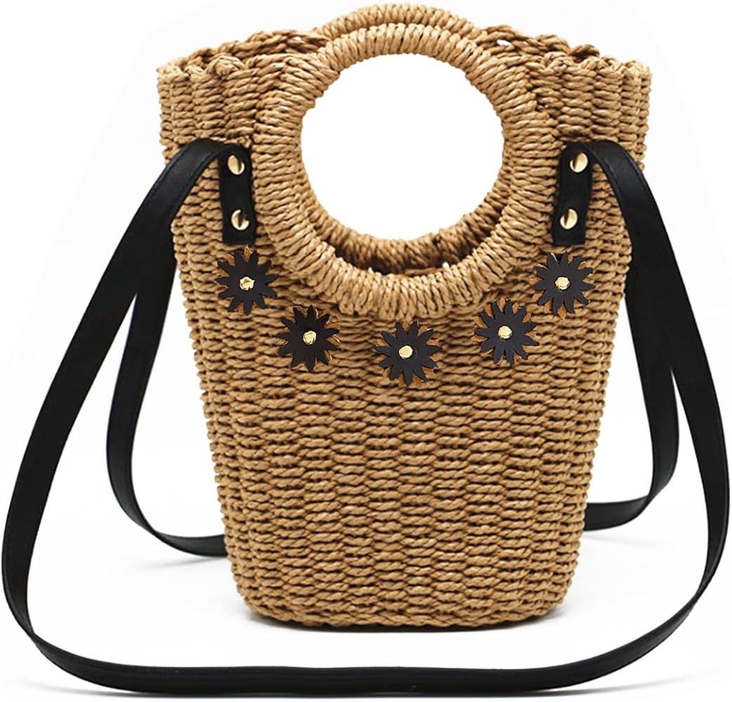 Small Beach Purse Straw Bag Vacation Handbags Summer Woven Straw Purse Tote Bucket Shoulder Bag C... | Amazon (US)