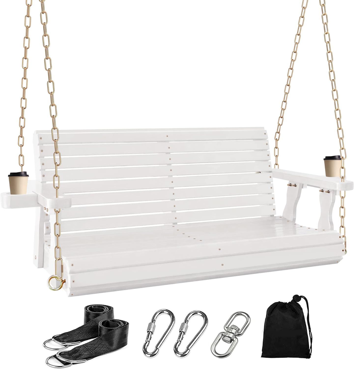 4FT Wooden Porch Swing w/Cupholders,Heavy Duty 800LBS Outdoor Swing Bench w/Chains,Patio Roll Bac... | Amazon (US)