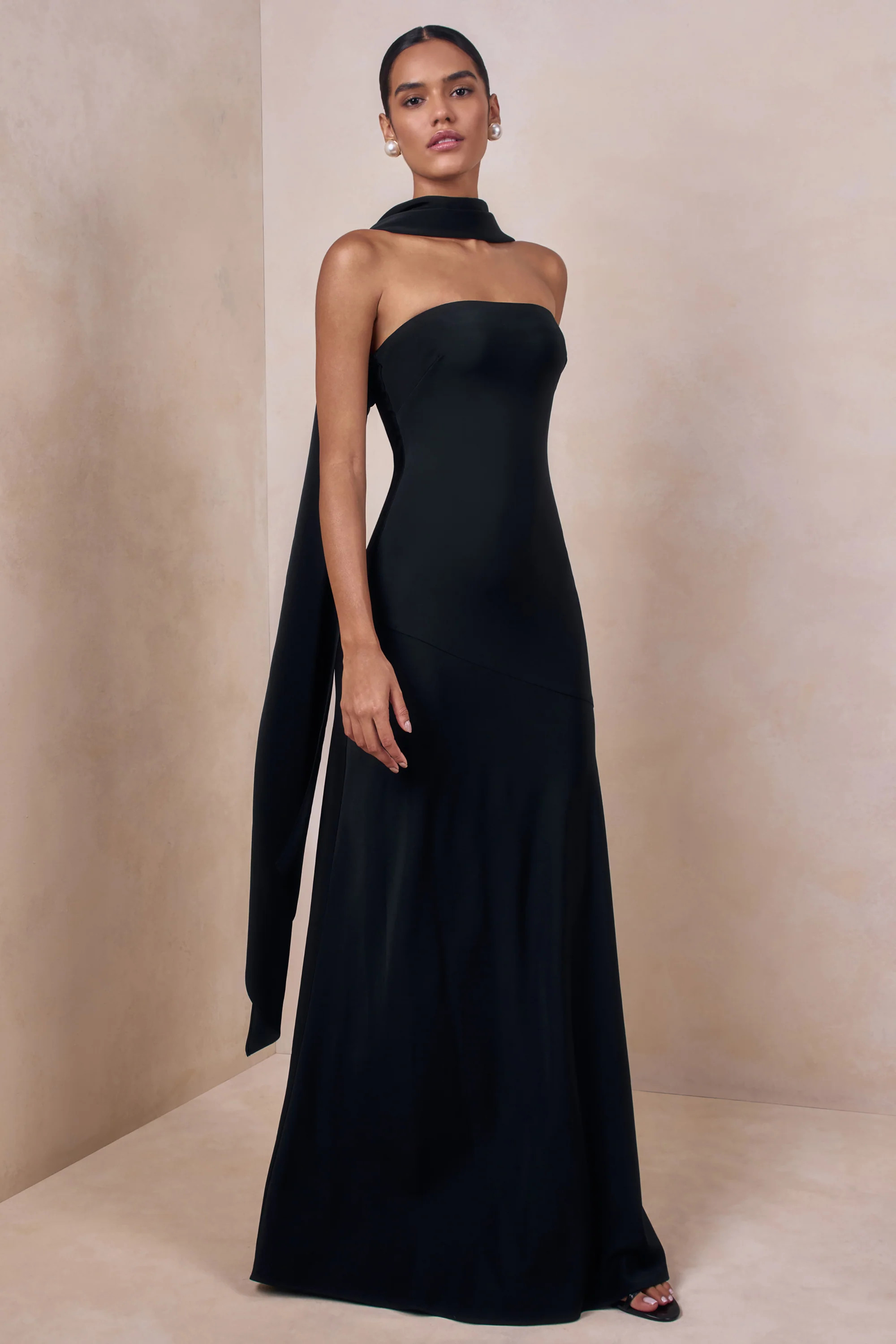 Charly | Black Satin Bandeau Maxi Dress With Scarf-Detail | Club L London