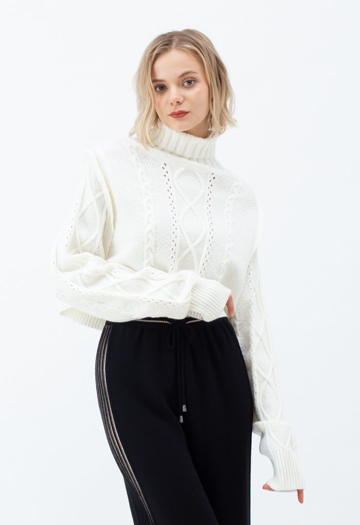 Panel Turtleneck Crop Cable Knit Sweater in White | Chicwish