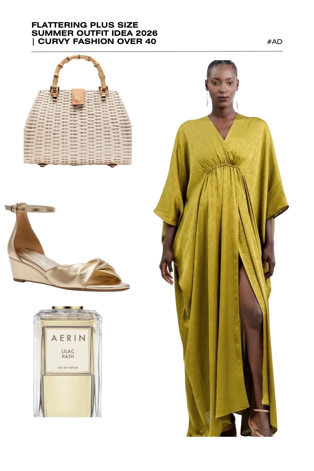 Make a grand entrance with this luxurious chartreuse plus size summer outfit idea for 2026! This flattering silk-style kaftan maxi dress is a premier choice for curvy fashion over 40, featuring a deep V-neckline, voluminous kimono sleeves, and a high empire waist that creates an elongated, elegant silhouette. The subtle jacquard texture and dramatic front slit make it perfect for a summer wedding guest look or upscale resort evening.
We’ve styled this vibrant olive-gold gown with a white wicker bamboo handle satchel and elegant gold metallic wedge sandals to add a touch of shine. The ensemble is completed with the fresh, floral elegance of Aerin Lilac Path. Discover how to style luxe textures for curvy figures this season. #PlusSizeFashion #KaftanDress #SummerWeddingGuest #CurvyStyle2026 #AerinPerfume #LuxuryResortWear #ChartreuseStyle

