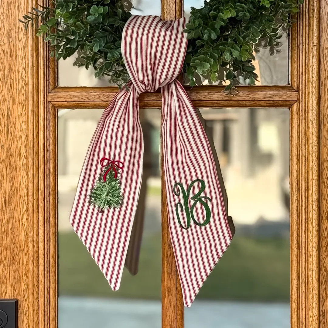 Personalized Christmas Tree Wreath Sash, Red Ticking Stripe Front Door Bow, Embroidered Holiday D... | Etsy (US)