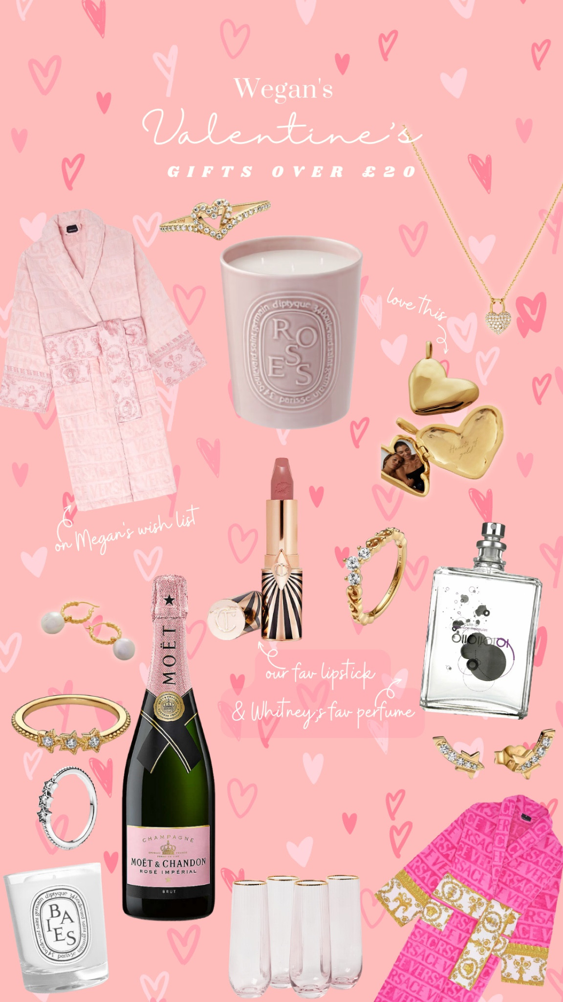 WEGAN’s Valentines gifts over £20. Versace pink robe, molecule perfume, diptyque candle, Pandora jewellery, Charlotte tilbury lipstick, rosé möet champagne, pink champagne glasses 

#LTKSeasonal #LTKGiftGuide