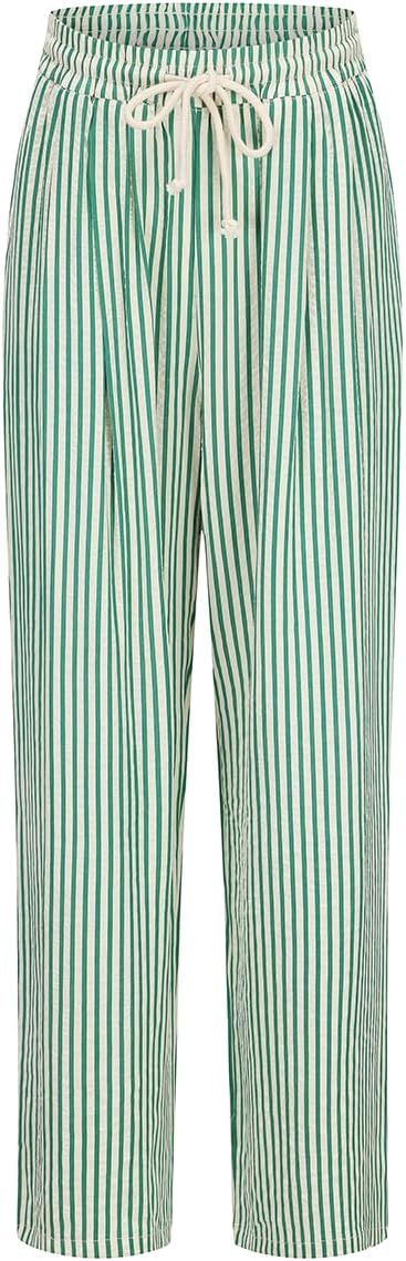 Women's Striped Wide Leg Lounge Pants Pinstripe Drawstring Lightweights Beach Trousers | Amazon (US)