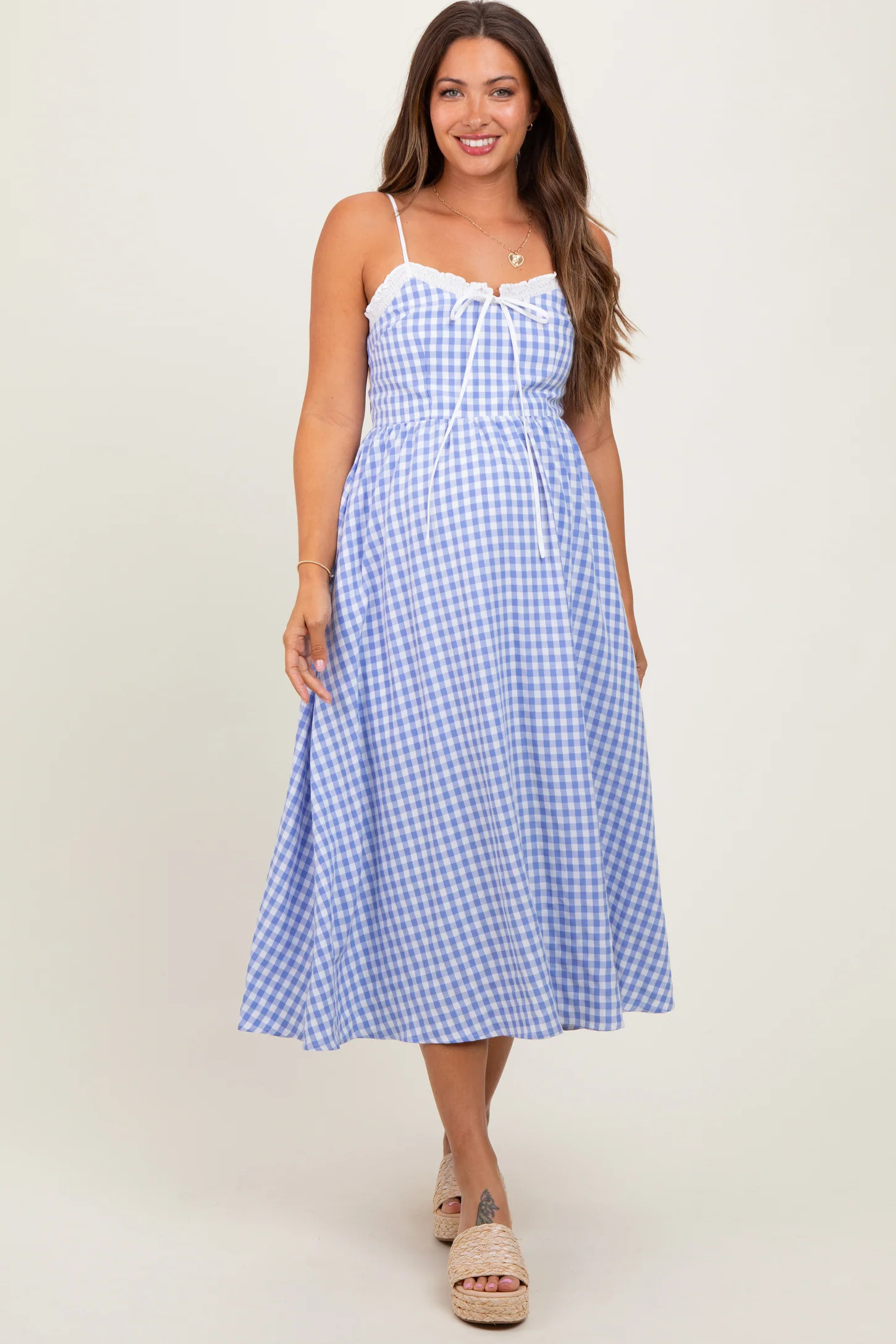 Blue Gingham Smocked Trim Maternity Midi Dress | PinkBlush Maternity
