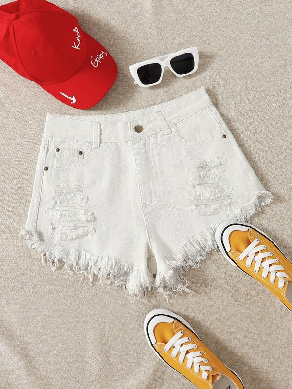 SHEIN EZwear Destroyed Fray Hem Denim Shorts | SHEIN