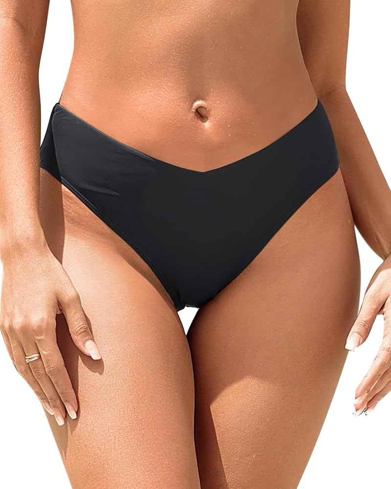 Tempt Me Women Mid Waist Bikini Bottoms - V Cut Front Swim Bottoms High Cut Cheeky Bathing Suit B... | Amazon (US)