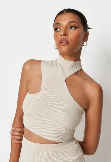 Missguided - Sand Co Ord High Neck Wrap Front Knit Crop Top | Missguided (UK & IE)