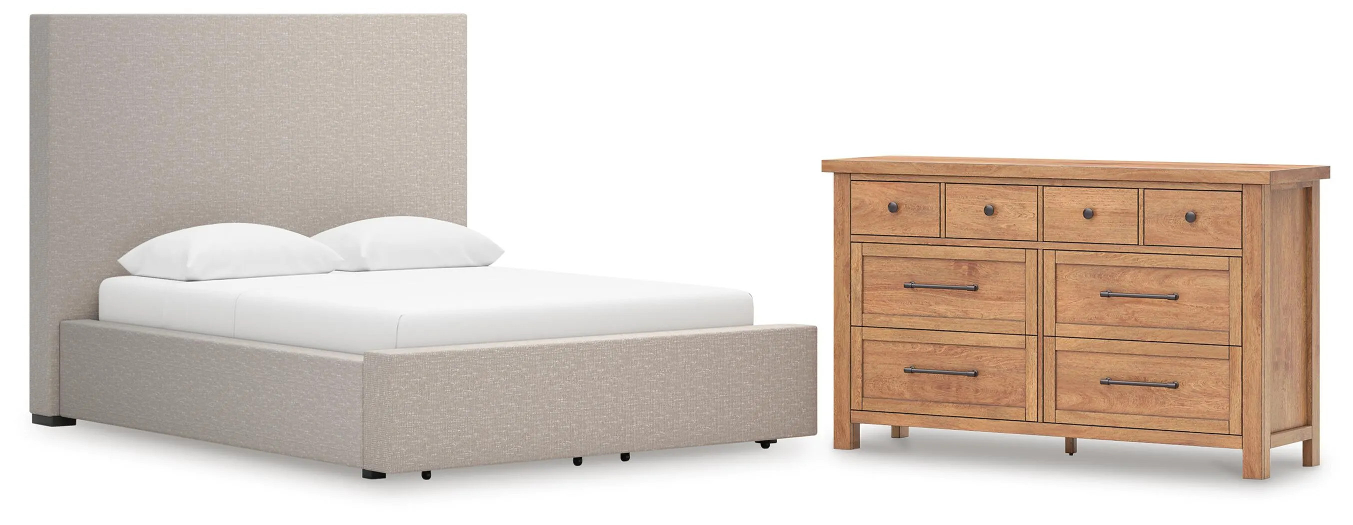 Kristiland Queen Upholstered Storage Bed with Dresser, Light Brown | Ashley