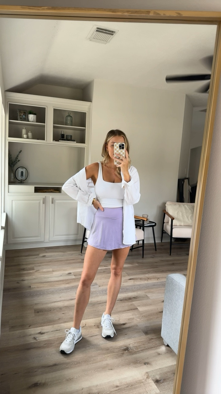 Tennis skirt outfit - wearing a S in skirt and sports bra tank and XL in button up for an oversized fit! 

#LTKVideo #LTKActive #LTKStyleTip