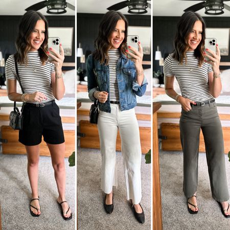 Summer Capsule Wardrobe - Black Stripe Blouse 

Top - small
Black shorts - sized down to a xs 
White pants - size up, I’m in a 4 
Denim jacket - small
Green pants - size 26 


#LTKFindsUnder100 #LTKFindsUnder50 #LTKStyleTip