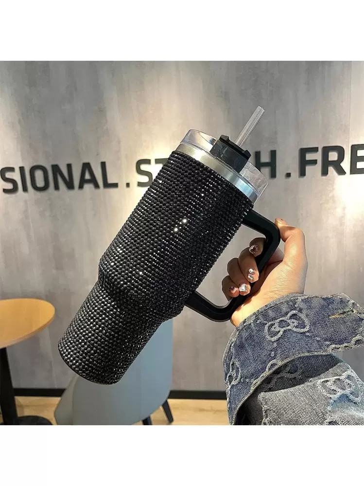 Black 40 Oz  With Handle Studded  With Lid and Straw Insulated Stainless Steel Double Wall Water ... | SHEIN