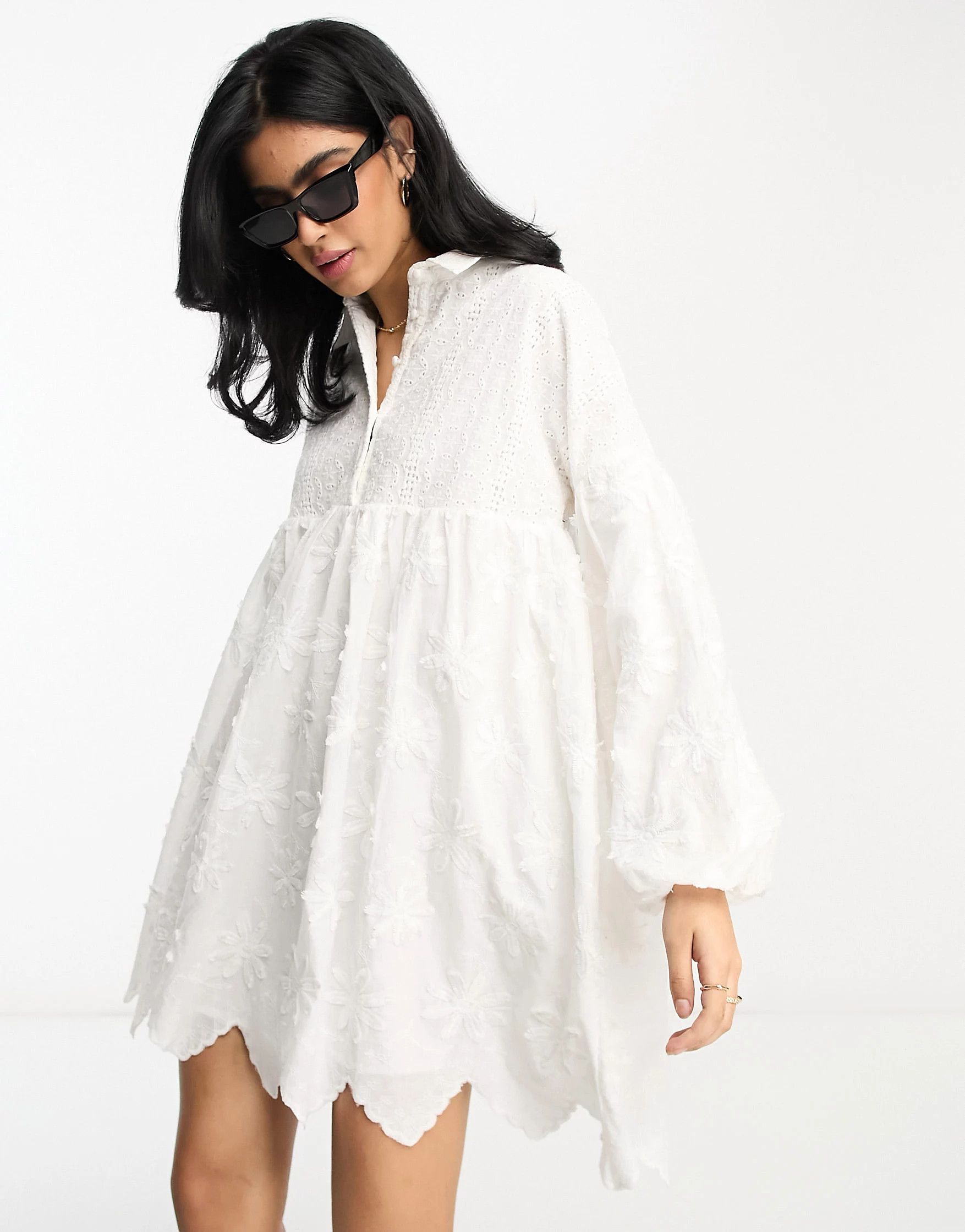 ASOS DESIGN 3D floral mini smock shirt dress in white | ASOS (Global)