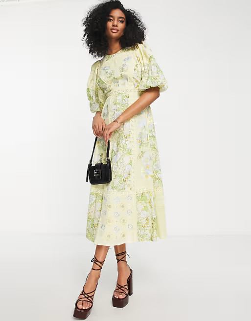 ASOS EDITION printed embroidered midi dress with lace inserts and tie back in yellow | ASOS (Global)