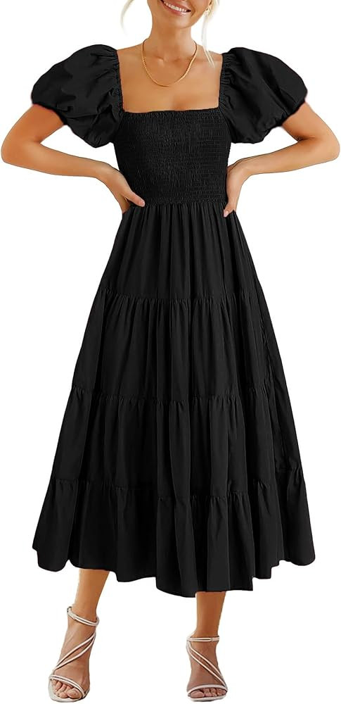 GOLDSTITCH Women's Smocked Maxi Dress Square Neck Ruffle Hem Puffy Short Sleeve Flowy Midi Dress | Amazon (US)