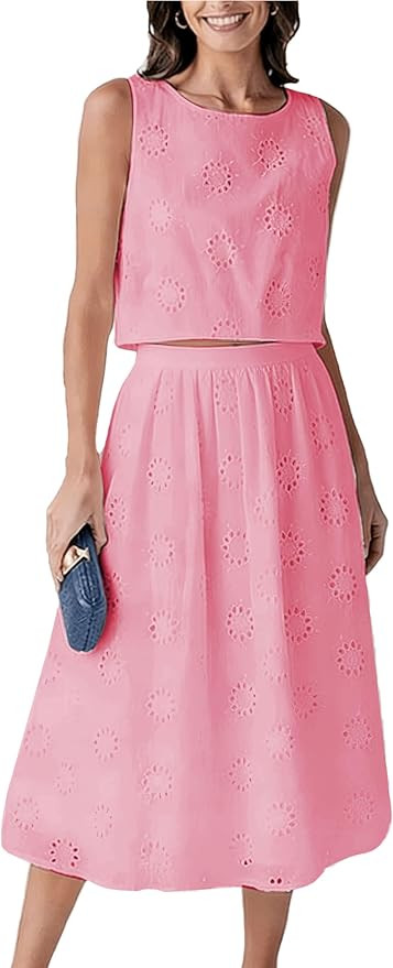 Wanzetaly Women's 2 Piece Skirt Set Hollow Out Eyelet Sleeveless Tank Top Maxi Skirt Boho Outfits... | Amazon (US)