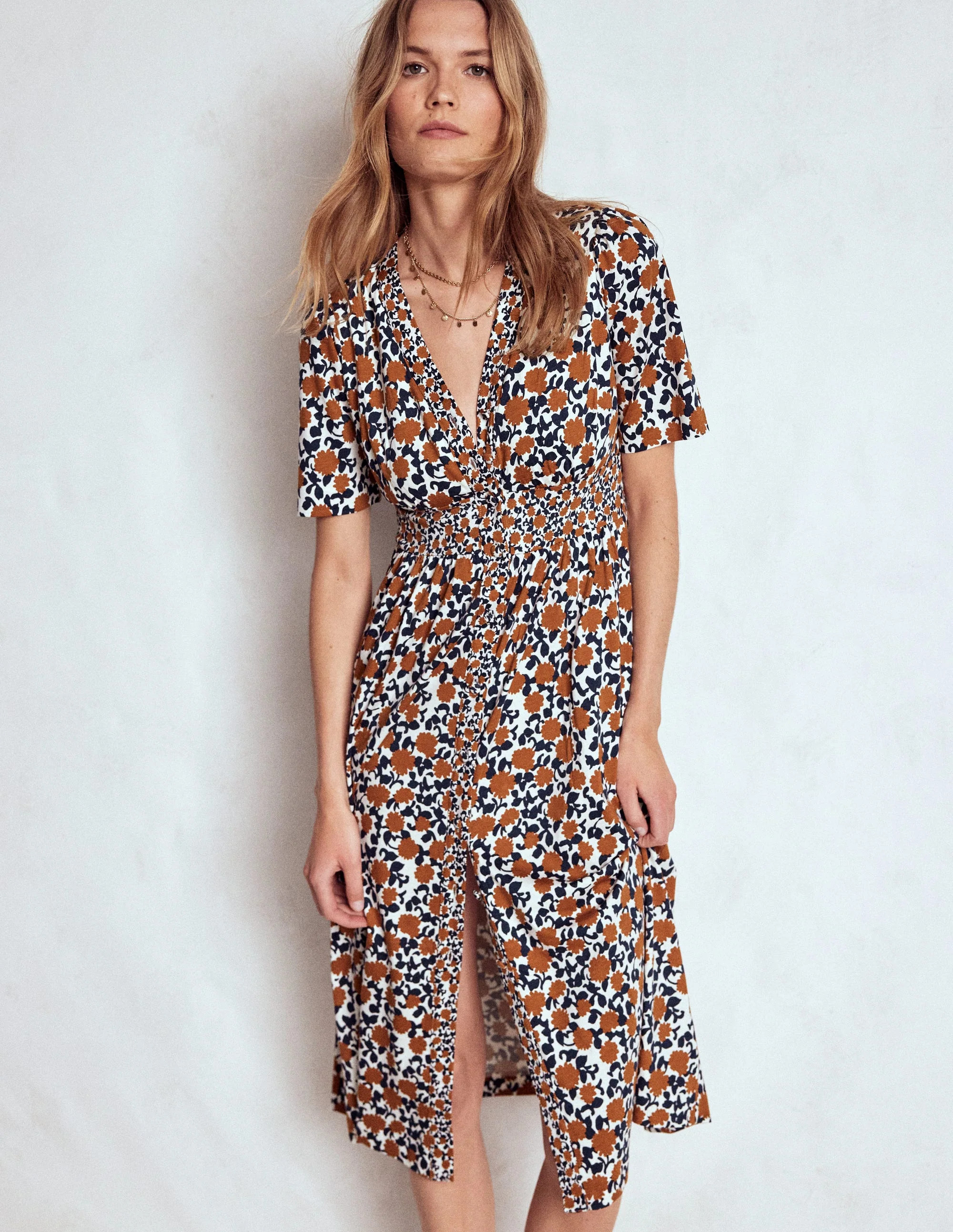 Natalia Jersey Tea Dress-Cognac, Floweret Vine | Boden (US)