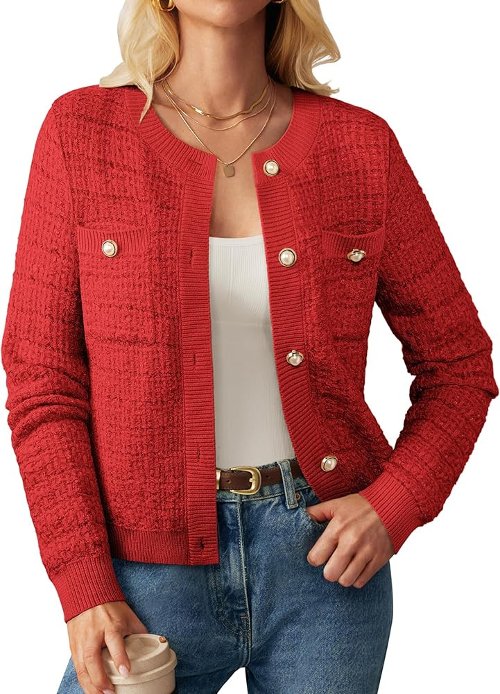 GRACE KARIN Womens Open Front Button Down Long Sleeve Texture Knit Cardigan Sweaters with Pockets | Amazon (US)