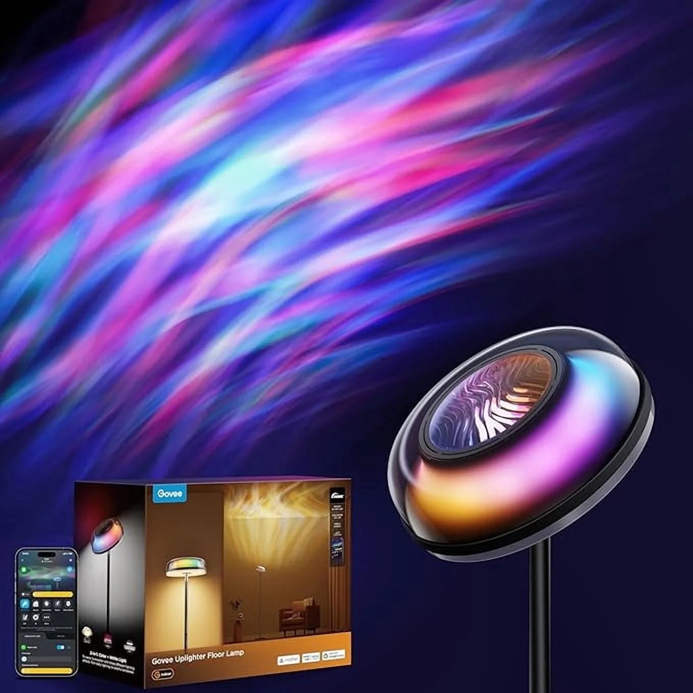 Govee Floor Lamp RGBIC Ripple Projector Modern Style - LED, Dimmable, 1000lm, White - Walmart.com | Walmart (US)