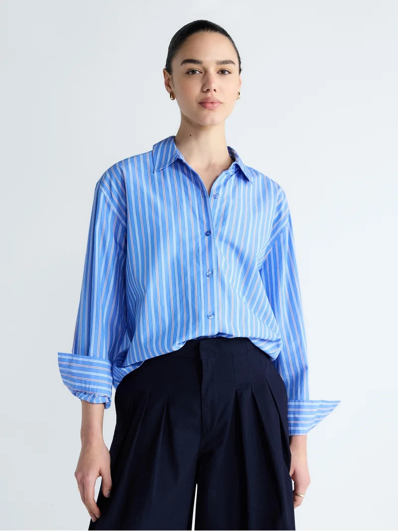 Free Assembly Women's and Women's Plus Relaxed Button Down Cotton Shirt with Long Sleeves, Sizes ... | Walmart (US)