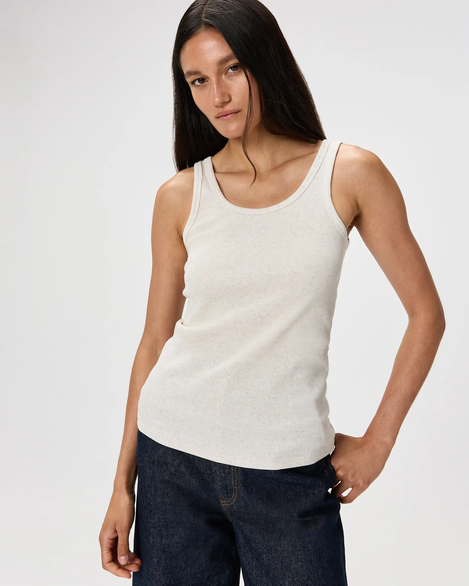 Organic Cotton Micro-Rib Scoop Neck Tank in Heather Oatmeal | Quince
