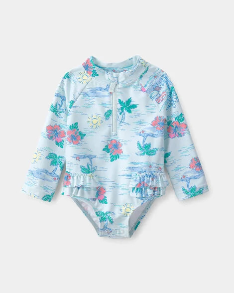 Baby Girl Tropical Beach Long-Sleeve Rashguard Swimsuit - Blue | Carter's | Carter's Inc