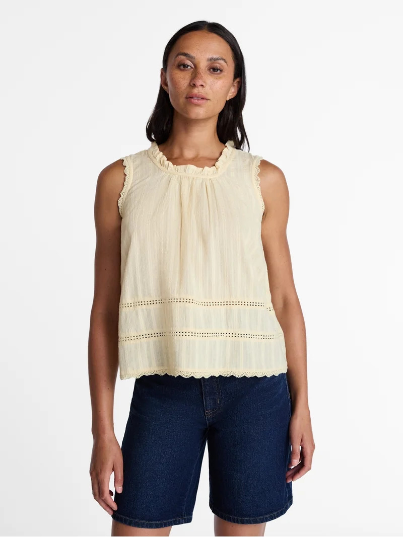 Time and Tru Women's Lace and Ruffle Cotton Tank Top, Sizes XS-XXXL | Walmart (US)