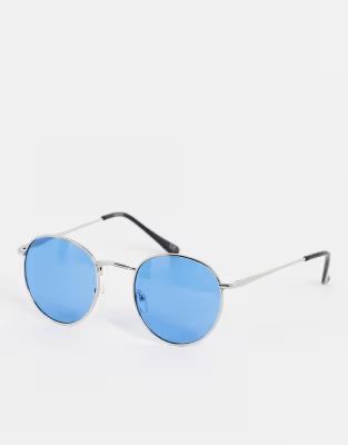 ASOS DESIGN round sunglasses in silver metal with blue lens | ASOS (Global)