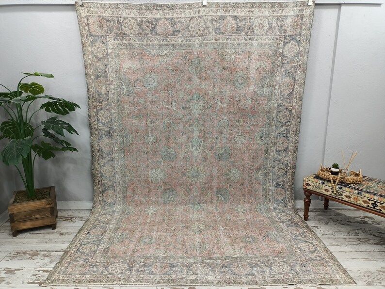 boho rugs, handmade rug, oversize area rug, bordered rug, floral rug, turkish rug, vintage oushak... | Etsy (US)