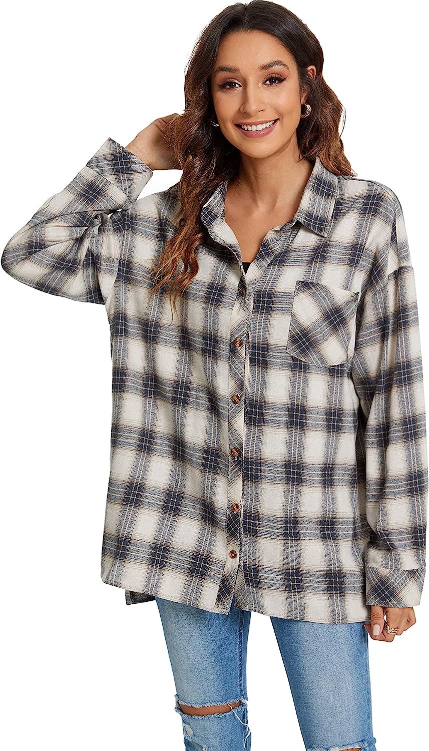 JLCNCUE Women's Long Sleeve Shirt Street Fashion Flannel Plaid Shirt with Pocket Oversized Tops B... | Amazon (US)