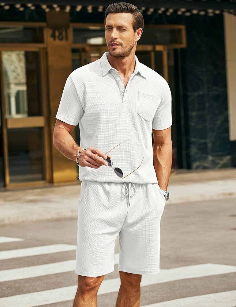 COOFANDY Men's Waffle Knit Polo Shirt and Shorts Set 2 Pieces Outfits Summer Suit Casual Tracksuit with Pockets | Amazon (US)