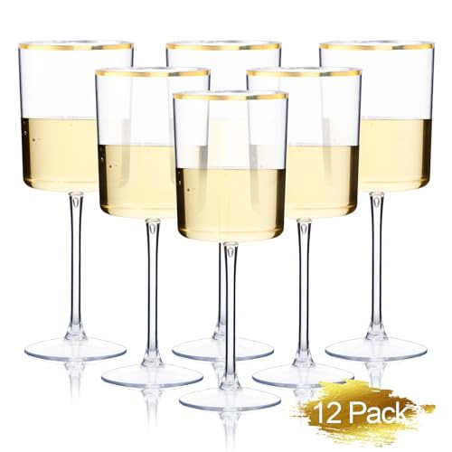 Ciaell 12 Pack Plastic Wine Glasses - 10 Oz Plastic Wine Glasses with Stem - Gold Rim Disposable Cups for Parties & Weddings & Poolside & Toasting & Outdoors & Thanksgiving | Amazon (US)