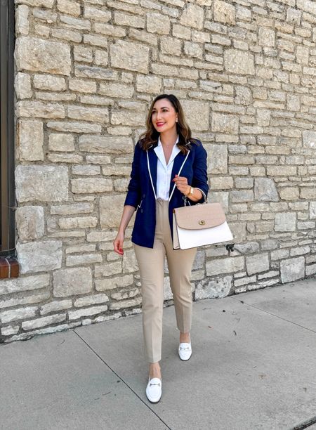 Business casual work outfit 💙

Navy linen blazer with white trim size small, TTS
White collared blouse size xs, fits big size down 
Tan high waisted pants size 6, fit small size up 
White loafers size 6.5, fit tight at first but now TTS

Work wear 
Office outfit 

#LTKShoeCrush #LTKWorkwear #LTKFindsUnder100