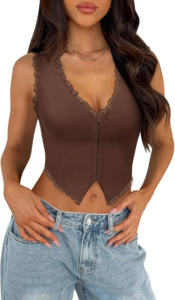 Sexy Lace Top for Women Summer V Neck Sleeveless Y2K Going Out Corset Tank Tops | Amazon (US)