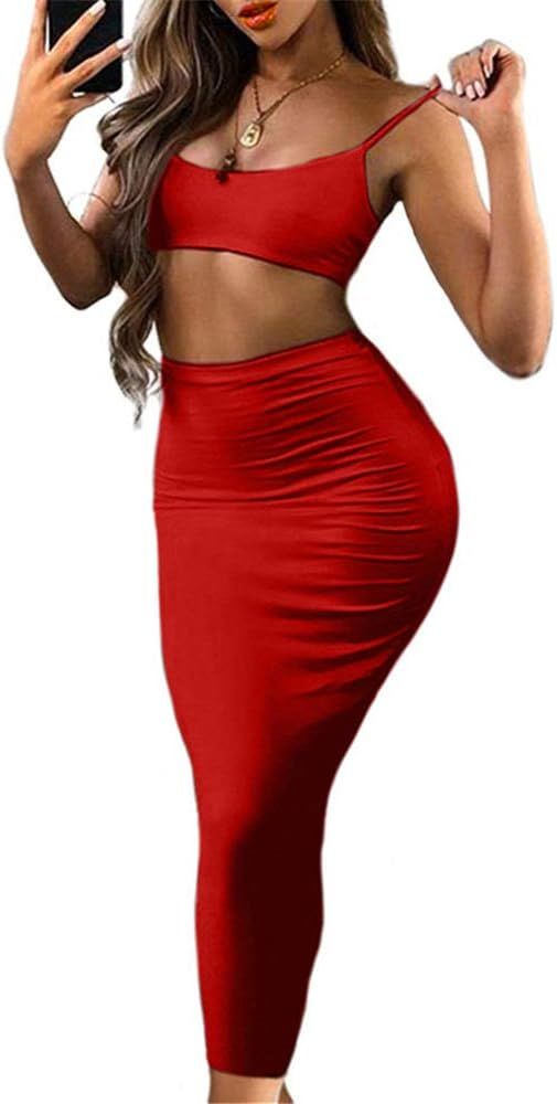 GOBLES Women's Sexy Two Piece Outfits Spaghetti Strap Bodycon Club Long Dress | Amazon (US)