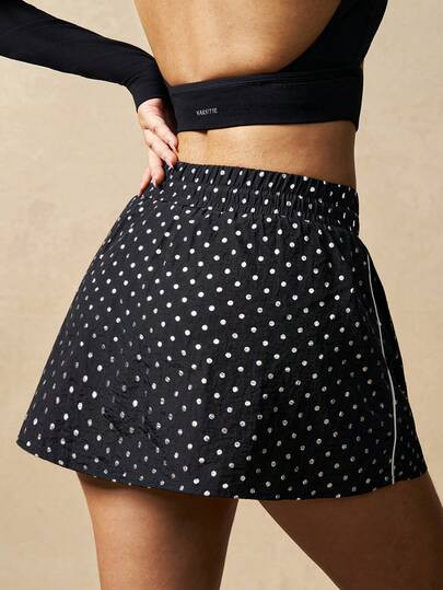 VARSIVA Women's Black Elastic Waist Drawstring Slimming Silver Polka Dot Print Jumpsuit With Buil... | SHEIN