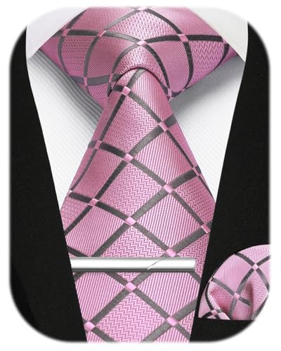 Pink Ties for Men Classic Plaid Tie Handkerchief Woven Necktie Pocket Square Clip Set Formal Wedding Prom Tuxedo | Amazon (US)