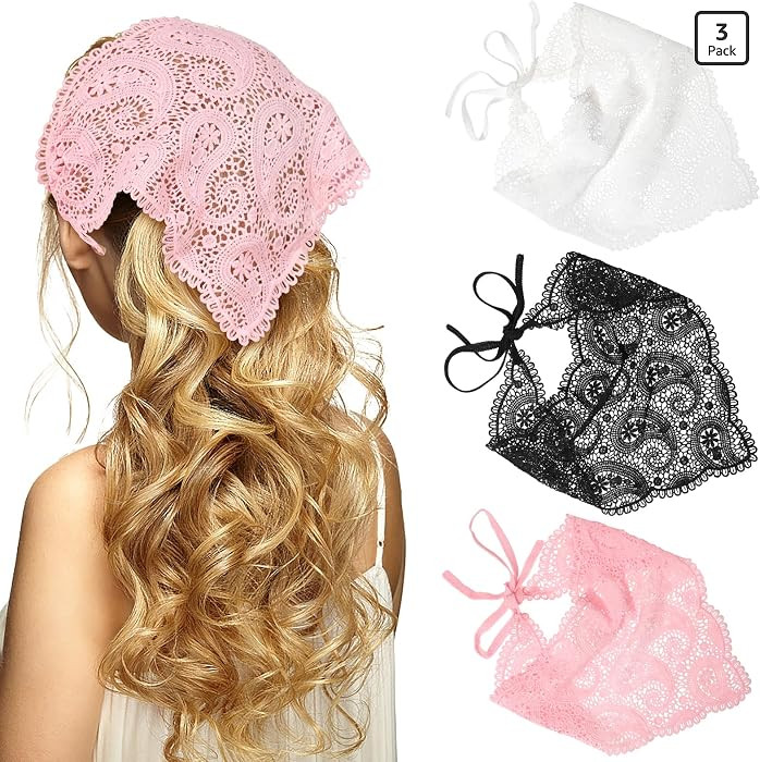 WELROG 3PCS Lace Head Scarf for Women,Crochet Hair Bandana Headband | Amazon (US)