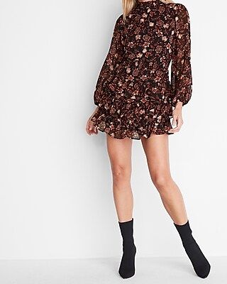 Floral Print Smocked Mock Neck Tiered Ruffle Dress | Express