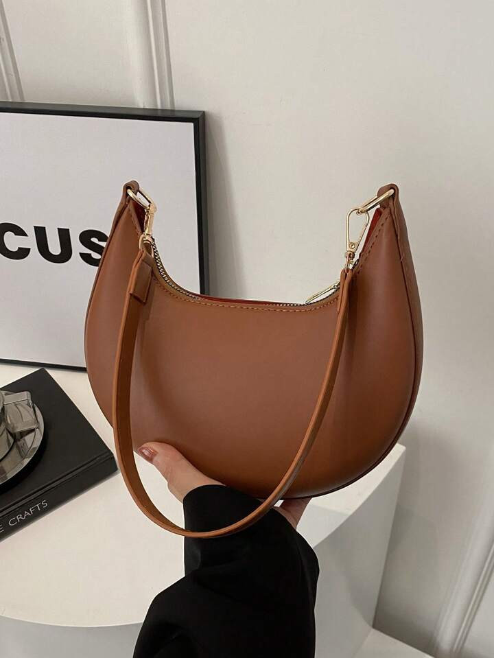 One Zipper Closure Solid Color PU Crescent Shoulder Bag Fashionable Vintage Workplace Handbag Ver... | SHEIN