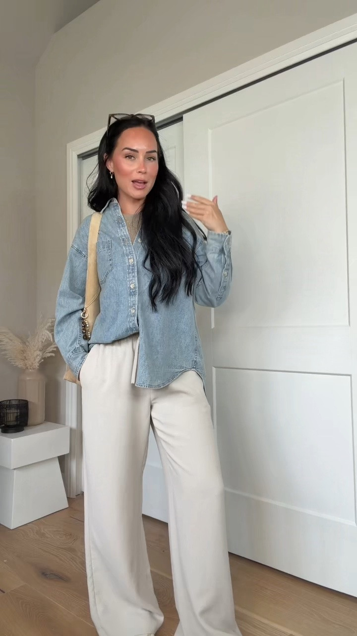 Easy, effortless closet staples✨ 
The pants are anti-wrinkle too, making them perfect for everyday or travel. I’ll have my full outfit linked on my LTK.

My sizing: 5’7”, 145 lbs, 32DD
Wearing a size small tee, XS denim shirt & medium pants

@Aritzia  #Aritziaoutfit #aritzialodgepants #efforlessoutfit #falllooks relaxed chic outfit, casual fall outfit, closet staples, flowy pants, denim button up, effortless everyday style, travel outfit
